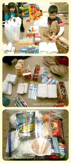 two pictures showing the contents of an open book and children's lunch box on the floor