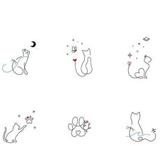 six different types of cats with stars and moon in the sky above them, on a white background