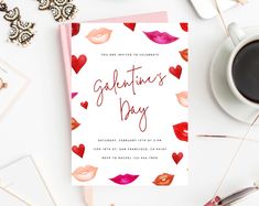 a valentine's day card with lipstick on it next to a cup of coffee