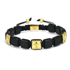 Made with 10mm two tone blocks - Black x Gold. Blocks are made with premium stainless steel. One size fits all. Comes with a polished Man-ique box. Classic Black Engraved Jewelry, Rectangular Black Metal Jewelry, Luxury Black Metal Bracelets, Classic Black Engraved Bracelets, Black Stainless Steel Jewelry With Black Enamel, Luxury Black Tarnish-resistant Bracelet, Modern Black Bracelets For Streetwear, Adjustable Matte Black Modern Jewelry, Modern Black Tarnish-resistant Jewelry