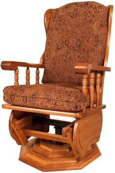 a wooden rocking chair with an upholstered seat and foot rest in the middle