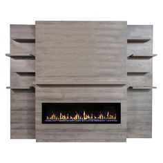 the modern fireplace is built into the wall with shelves on either side and an open fire place