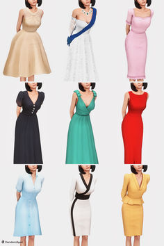 six dresses with different colors and shapes for the female character in the video game,