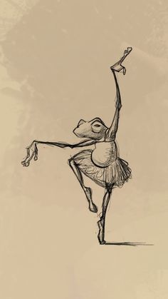 a black and white drawing of a ballerina on a beige background with an arrow in her hand