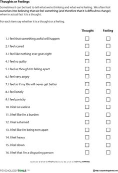 Thoughts Or Feelings CBT Worksheet | Psychology Tools Cbt Worksheets, Cognitive Behavior, Counseling Activities, Child Therapy, Counseling Resources, Therapy Worksheets, Group Therapy