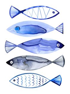 three blue fish are shown in this watercolor painting