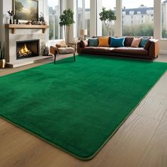 a living room filled with furniture and a green rug on top of a hard wood floor