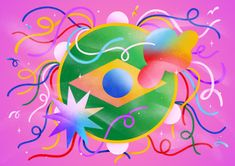 an illustration of a colorful soccer ball surrounded by confetti and streamers