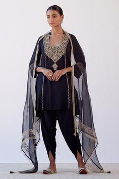 Shop for Devnaagri Black Cotton Silk Satin Dori Embroidered Kurta Dhoti Pant Set for Women Online at Aza Fashions Dhoti Pants, Blouse Measurement, A Line Kurta, Lehenga Blouse, Neckline Designs, Indian Suits, Organza Dupatta, Indian Designer Outfits, Sequins Embroidery