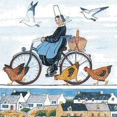 a drawing of a woman riding a bike with chickens on the front and two birds in the back