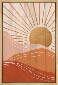 a wooden panel with the sun rising over mountains and waves in orange, beige and white