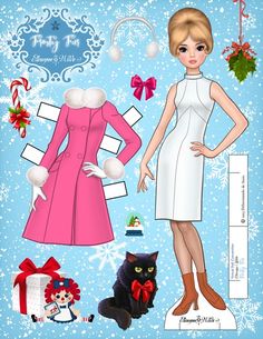 the paper doll is wearing a white dress with red bows on her head and holding a black cat