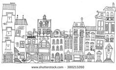 a black and white drawing of some buildings