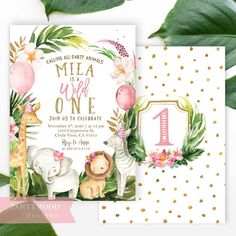 a pink and gold first birthday party with jungle animals