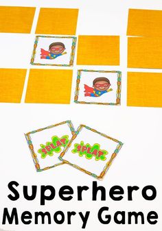 the superhero memory game is shown with four squares and three pictures on top of it