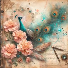 a painting of a peacock and flowers on a piece of paper with writing utensils