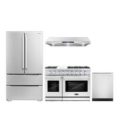 an oven, stove and refrigerator are shown in this image