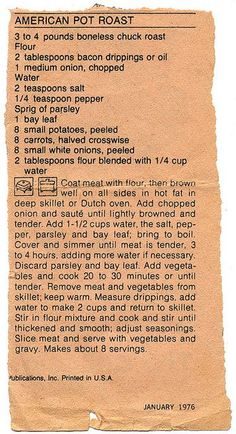 an old recipe for american pot roast with instructions on how to make it in minutes