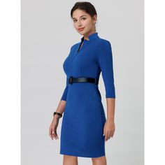 This dress can be a perfect addition to almost any outfit from formal to daily wear, great for work, meetings, offices, businesses, work, parties, cocktails, weddings, casual, everyday dressing, etc. Pair with a delicate necklace and heels for a chic office look. Comfortable and classic, this 3/4 sleeve sheath dress is perfect on its own or as a layer under a blazer or jacket. Blue Half Sleeve Office Dress, Blue Half Sleeve Dress For Office, Formal Blue Dress 3/4 Length, Blue 3/4 Length Dress For Work, Blue 3/4 Length Dresses For Work, Office Lady Dress With 3/4 Sleeves For Work, Blue Knee-length Business Dress, Dresses Royal Blue, Work Parties