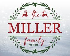 the miller family logo with holly wreaths and deer on it's head, in front of snow covered background