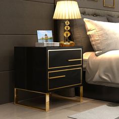 a bedroom with a bed, night stand and lamp on the nightstand next to it