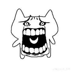 a drawing of an angry cat with its mouth open and teeth wide open, on a white background