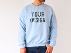 "Light Blue Male Sweatshirt Mockup Bundle Front & Back, Mens Gildan 18000 Mockup Bundle, Crewneck Mockup, Male Model Mock Up, Summer ♥ WHAT'S INCLUDED ♥ 3 mockups free of any text or watermarks (2 front, 1 back) ♥ NOTE ♥ This is an instant DIGITAL DOWNLOAD. No physical items will be mailed to you. The digital files will be available for download directly from Esty seconds after the purchase. ♥ INSTRUCTIONS ♥ DOWNLOADING: After you make the purchase, Etsy will take you to the download page where Customizable Casual Blue Sweatshirt, Blue Crew Neck Top With Printing, Blue Printed Crew Neck Top, Cotton Crew Neck Sweatshirt With Printing, Light Blue Cotton Crew Neck Sweatshirt, Customizable Blue Casual Sweatshirt, Blue Customizable Casual Sweatshirt, Blue Casual Customizable Sweatshirt, Mockups Free