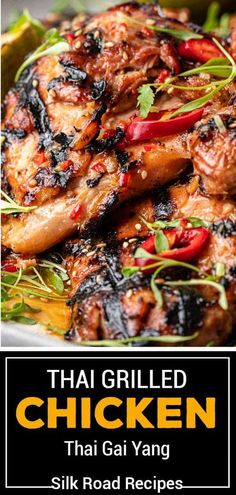 thai grilled chicken on a plate with text overlay