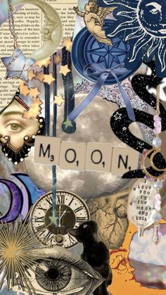 an altered collage with the words moon written on it