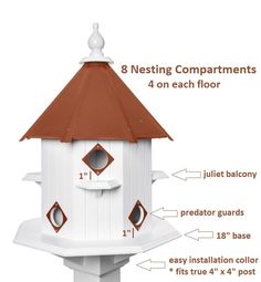 a white bird house with measurements for the top and bottom parts on it's roof