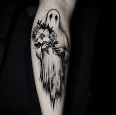 a black and white image of a ghost with flowers on it's arm,