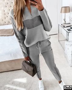 Fisdy - Conjunto de chándal de manga larga con estampado de cuadros escoceses Ladies Trouser Suits, Printed Pants Style, Drawstring Waist Pants, Trouser Outfit, Women Sweaters Winter, Legging Sport, Top And Pants Set, Hottest Fashion Trends, Tracksuit Women