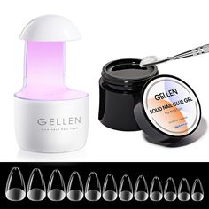 PRICES MAY VARY. 【Nail Tips & Solid Glue Gel Kit】: The Gellen gel nail kit includes 240pcs pre-filed short almond nail tips, 1*15g solid nail glue gel, 1*8w mini nail light and 1*beautiful box. The solid nail glue gel is upgraded to more easily use than flowing nail glue, providing you convenient and profesional manicure. 【Multi-Use Solid Gel Nail Glue】: Solid texture for strong adhesion. Multi-functional gel nail glue for nail tips, acrylic nails, press on nails，fake nails,or soft gel nails, rh Nail Beginners, Solid Nail Glue, Nail Glue Gel, Nails Rhinestones, Clear Nail Tips, 3d Nail Designs, Solid Texture, Short Almond Nails, Soft Gel Nails