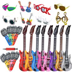 an assortment of guitars and sunglasses on a white background