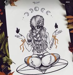 a drawing of a woman with long hair sitting in a lotus position on top of leaves