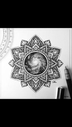 a black and white drawing of a star in the center of a flower with a spiral design on it