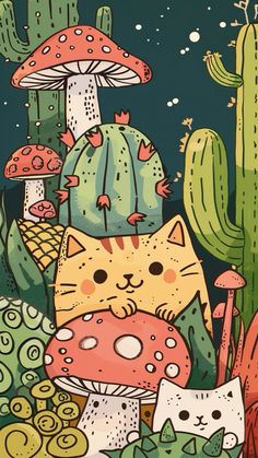 a painting of a cat surrounded by cacti and mushrooms in the night sky