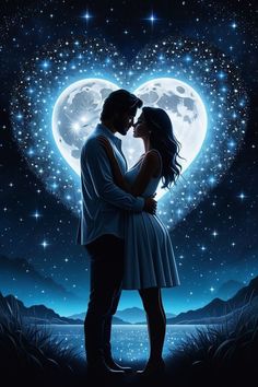 a couple kissing in front of the moon with mountains and stars behind them at night