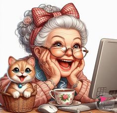 an old woman with glasses and a cat next to a computer