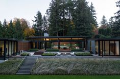 the house is surrounded by tall trees and has glass walls that open up to the outdoors