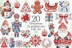 the cover of 20 christmas scandinavian folk arts designs, including santas and snowmen