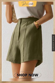 Solid Pocket Button Zip Front Wide Leg Shorts Solid Color Workwear Shorts For Summer, Solid Color Summer Workwear Shorts, Solid Color Buttoned High-waisted Shorts, Chic Summer Shorts With Button Cuffs, High-waisted Solid Shorts With Buttons, Solid High-waisted Buttoned Shorts, Solid Color High-waisted Shorts With Buttons, Green Summer Bottoms With Buttons, Spring Green Shorts With Buttons