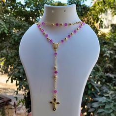 .: Gold Fuchsia Pink Crystal Beads Rosary Necklace Handmade Catholic Prayer Beads Religious Jewelry for Women Communion Gifts Christian Gifts .: With the help of our Gold Fuchsia Pink Crystal Beads Rosary Necklace, experience the beauty of divine devotion. Each bead is a precious moment in prayer and spirituality, made by hand with lots of love and attention to detail. The exquisite fusion of fuchsia pink and gold crystal beads gives this religious jewelry item a hint of delicacy and elegance. F Pink Necklaces With 8mm Beads, Pink 8mm Beaded Necklace, Pink Spiritual Faceted Beads, Pink Spiritual Necklace With Faceted Beads, Pink Beaded Chain Jewelry For Gift, Pink Faceted Beads Jewelry For Gift, Pink Faceted Beads Jewelry Gift, Pink Jewelry With Colorful Oval Beads, Pink Beaded Necklaces With Oval Beads