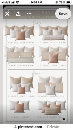 an iphone screen showing the sizes and colors of pillows in different styles, from pink to white