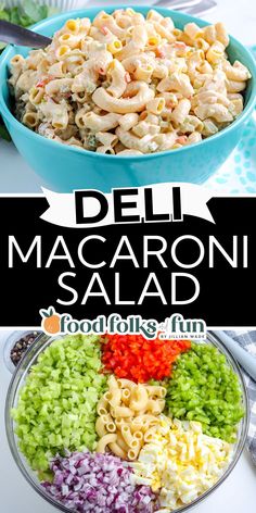 macaroni salad in a blue bowl with text overlay that reads deli macaroni salad