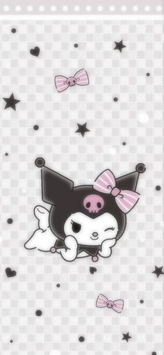 an animal with pink bows is flying through the air on a white and black checkered background