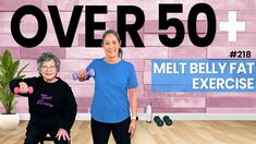 two women doing exercises with dumbbells in front of a pink brick wall that says over 50 plus