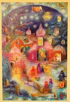 an artistic painting of colorful houses and figures