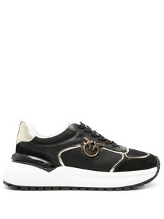 black/gold-tone panelled design mesh detailing logo-debossed tongue signature Love Birds plaque contrasting heel counter embossed logo at the sole mirrored trim round toe front lace-up fastening branded leather insole chunky rubber sole Leather High-top Sneakers With Metallic Logo, Leather Sneakers With Metallic Logo For Streetwear, Gold Low-top Sneakers With Contrast Sole, Low-top Leather Platform Sneakers With Metallic Logo, White Sole Leather Sneakers With Metallic Logo, Luxury Leather Sneakers With Metallic Logo, Black Leather Platform Sneakers With Embossed Logo, Black Platform Sneakers With Embossed Logo And Round Toe, Black Platform Sneakers With Embossed Logo