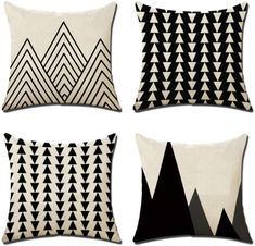 four black and white pillows with geometric designs on the front, one is made out of linen